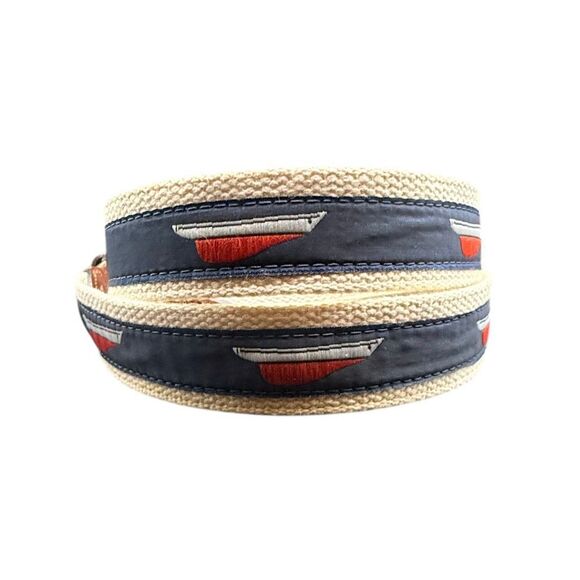 Leather Man Ltd. Belt Mens Size 42 Navy Leather Brass Buckle Woven Sailboat - Picture 5 of 16